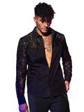 Men's New Lace-Patchwork Long-Sleeve Shirt Sexy Fashionable Statement Top