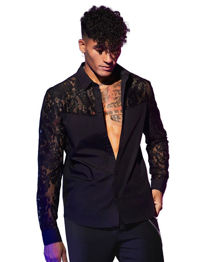 Men's New Lace-Patchwork Long-Sleeve Shirt Sexy Fashionable Statement Top