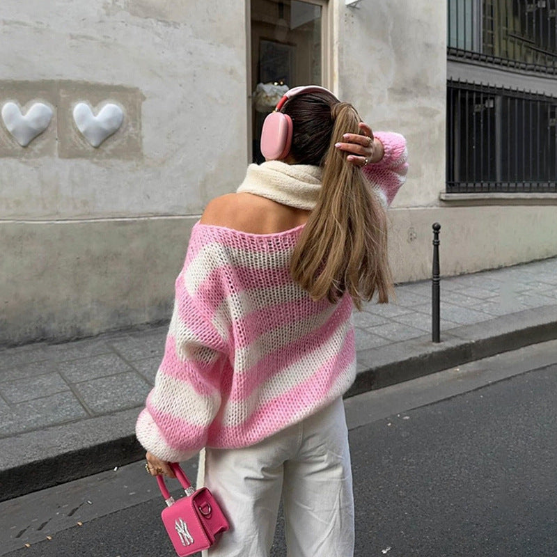 Loose Striped Pullover Sweater Fashion Versatile Long-sleeved Knitted Tops For Women Clothing See size chart under “more details”
