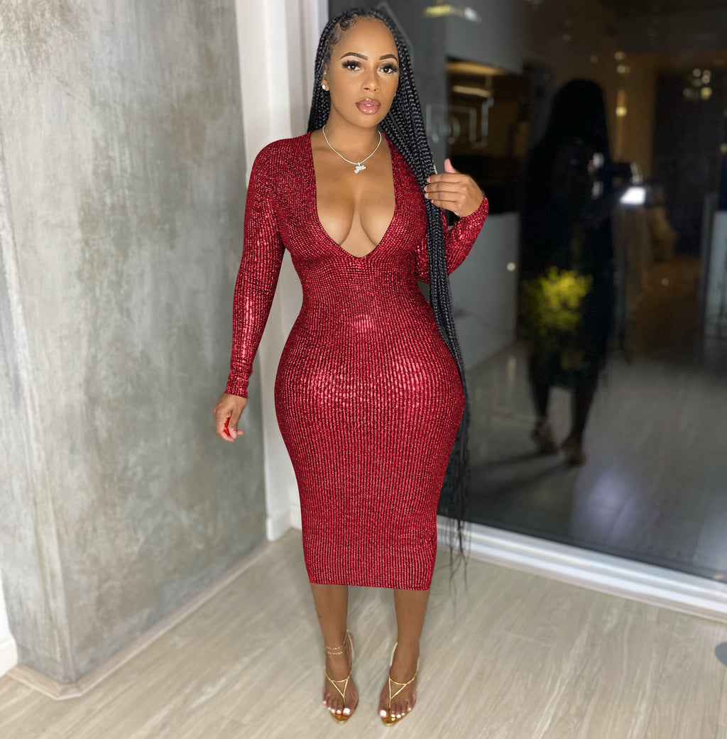 Women Clothing Graceful Fashionable Deep V Plunge Bronzing Fabric Dress Women Clothing