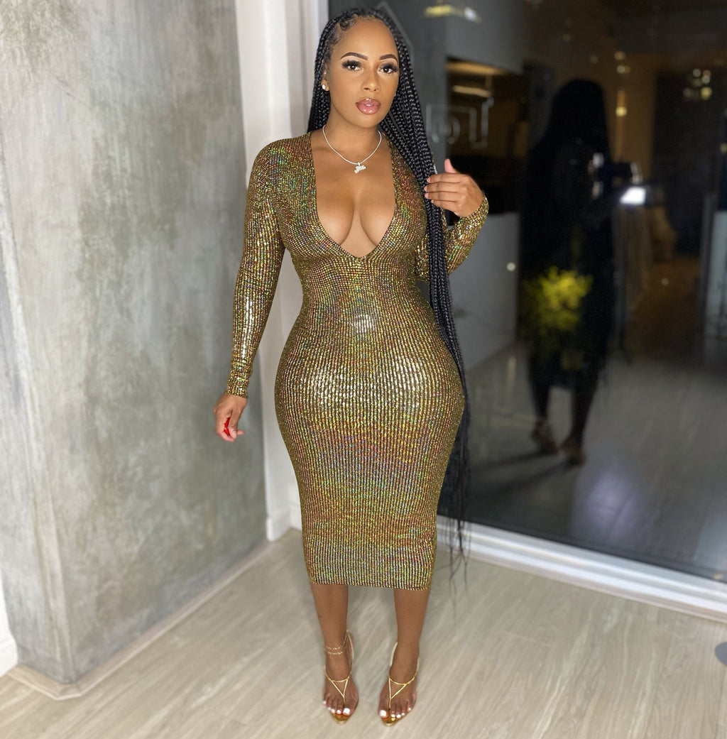 Women Clothing Graceful Fashionable Deep V Plunge Bronzing Fabric Dress Women Clothing