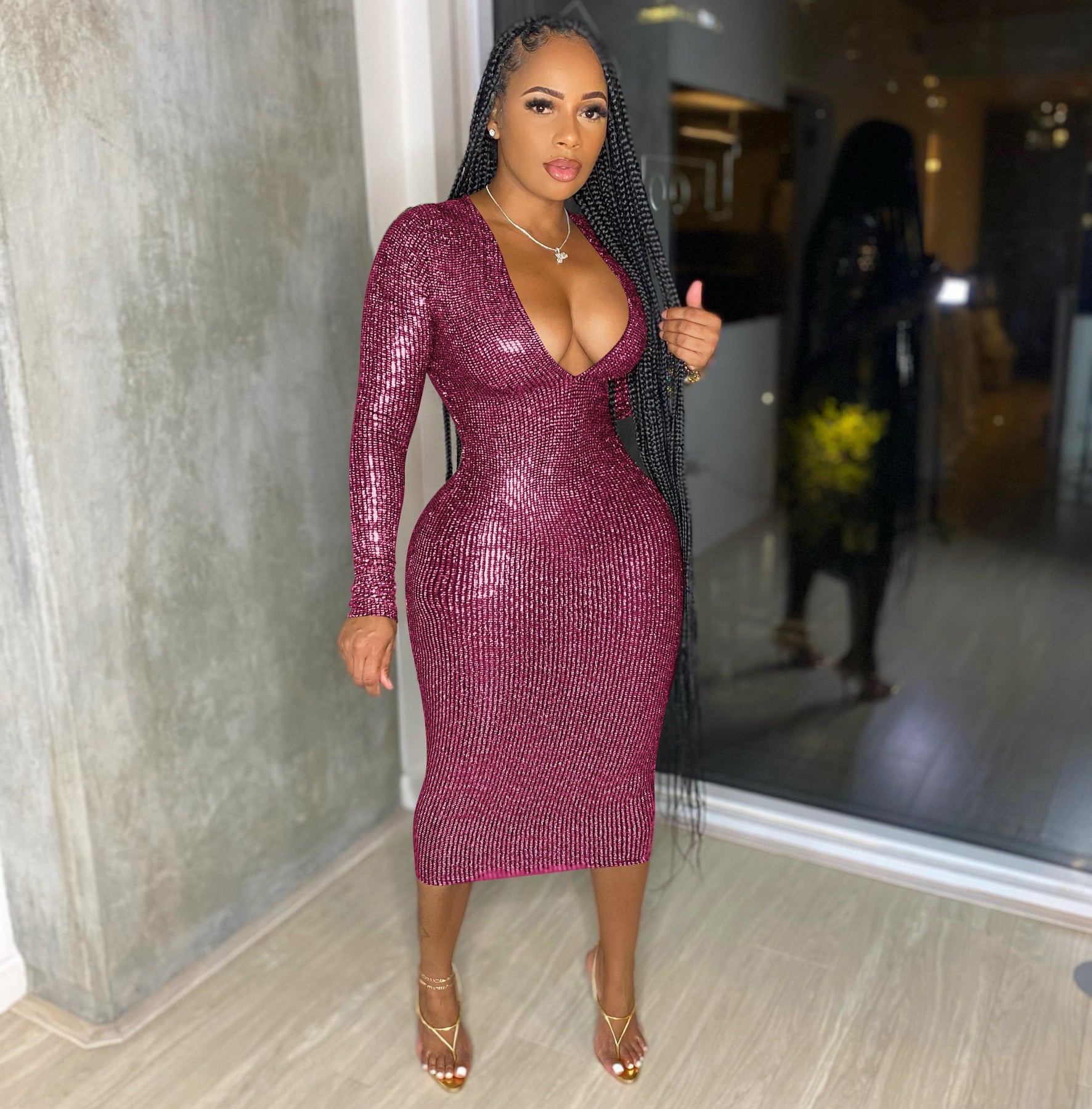 Women Clothing Graceful Fashionable Deep V Plunge Bronzing Fabric Dress Women Clothing
