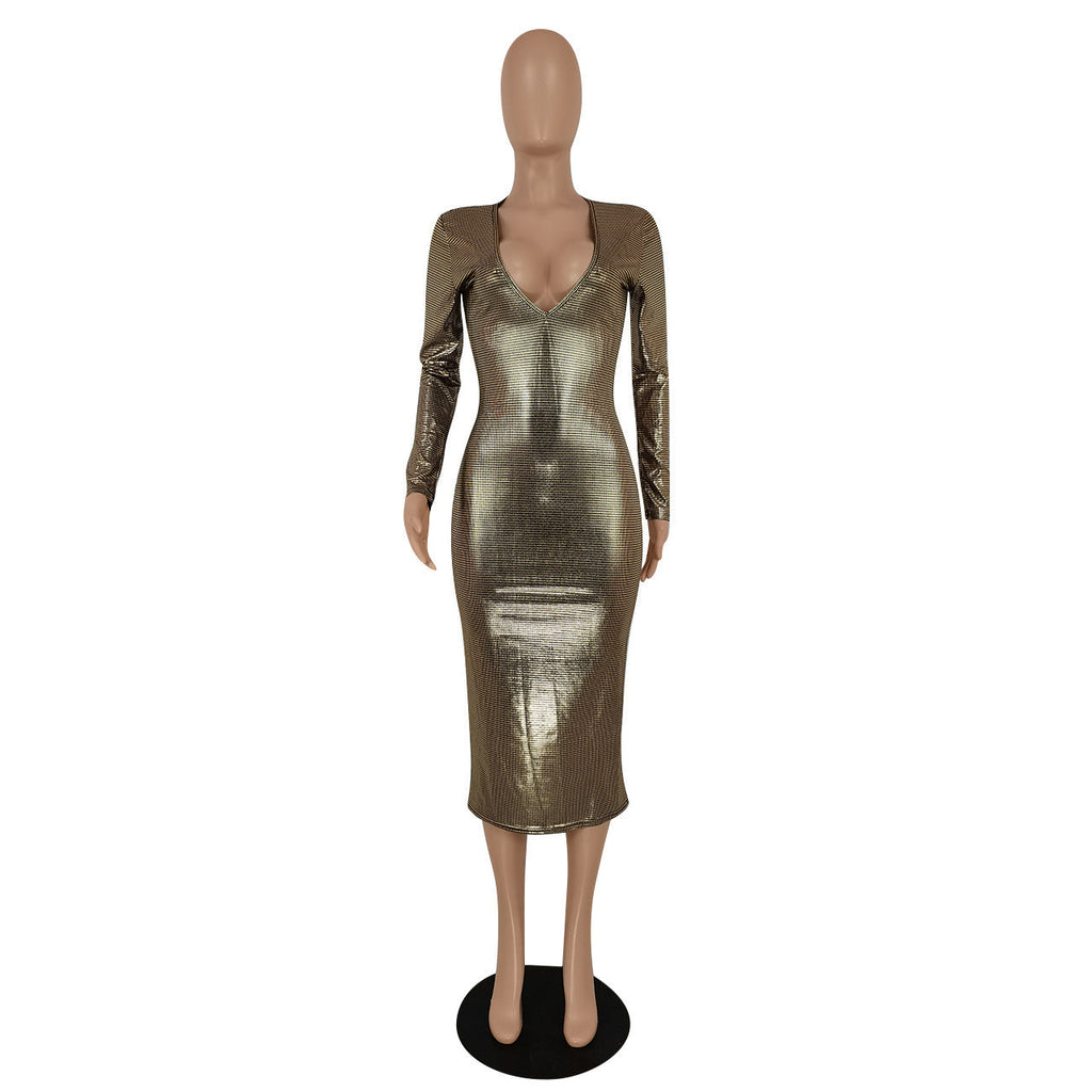 Women Clothing Graceful Fashionable Deep V Plunge Bronzing Fabric Dress Women Clothing