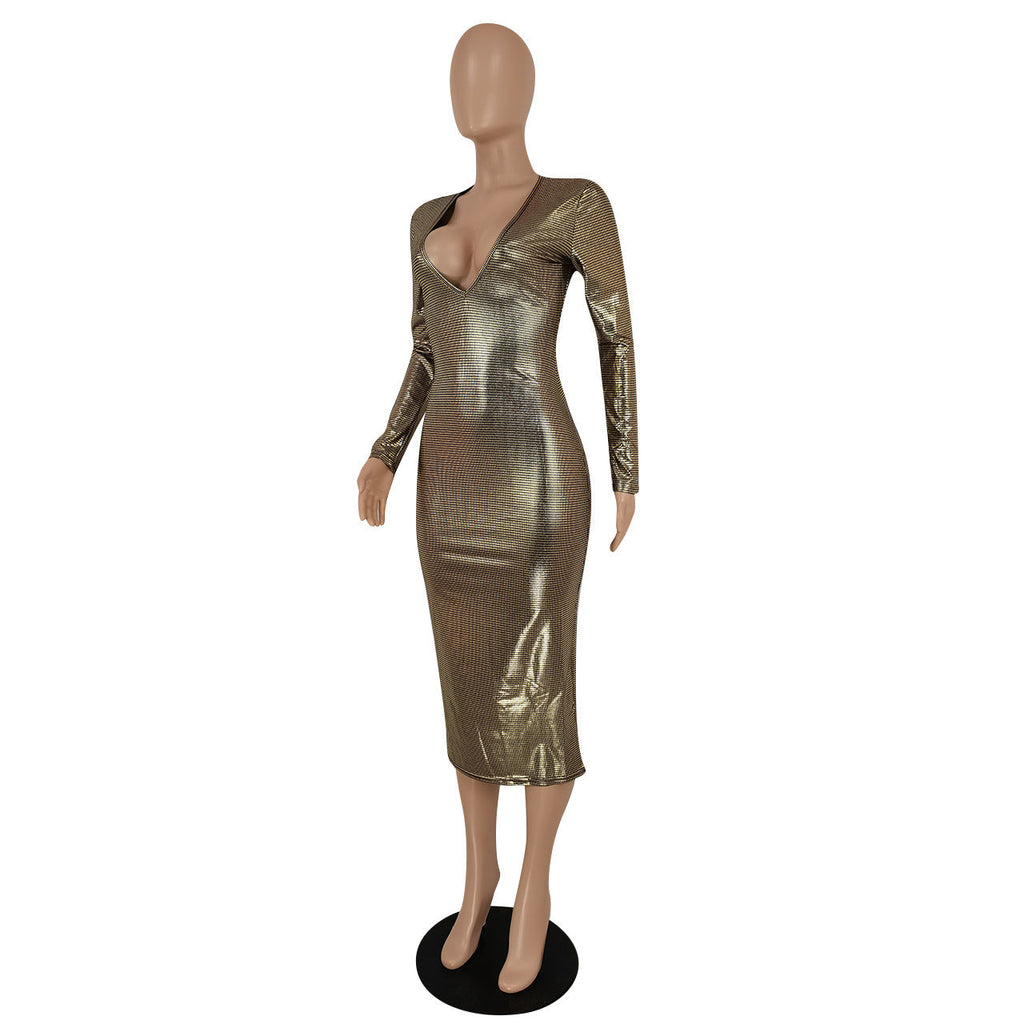 Women Clothing Graceful Fashionable Deep V Plunge Bronzing Fabric Dress Women Clothing