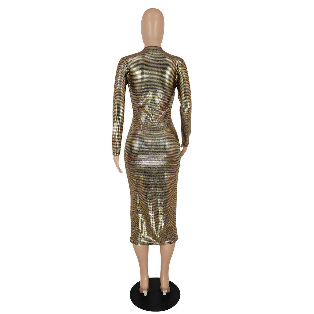 Women Clothing Graceful Fashionable Deep V Plunge Bronzing Fabric Dress Women Clothing