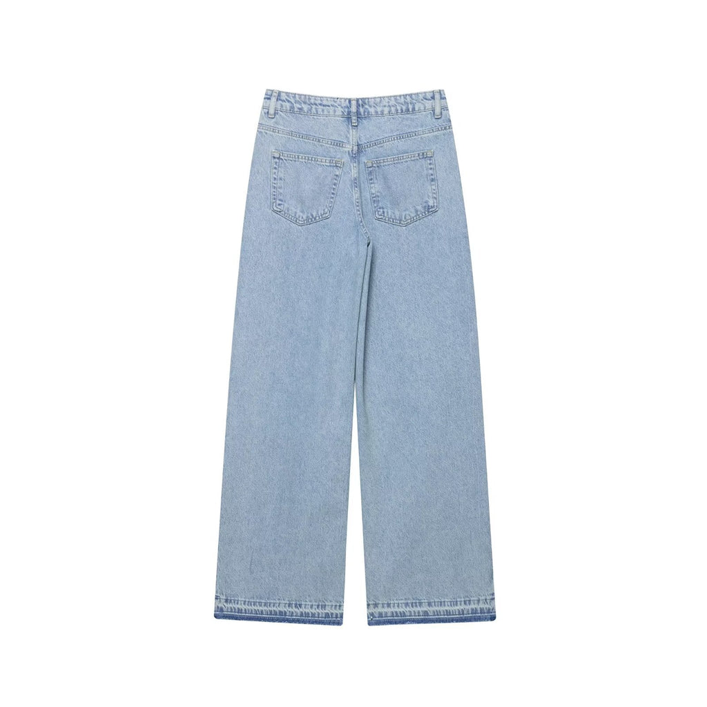 Women Clothing Spring Autumn Crochet Stitching High Waist Wide Leg Jeans
