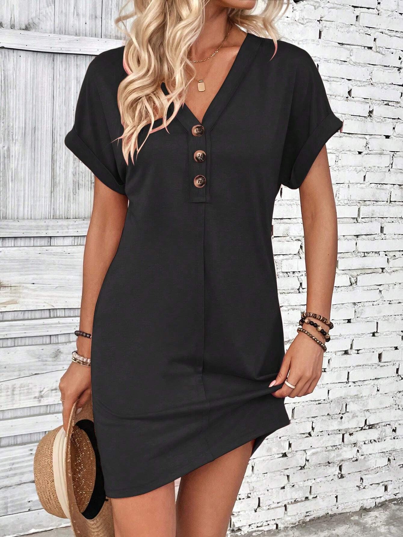 Summer Women Clothing All Match Buckle V neck Shoulder Roll Sleeve Solid Color Dress