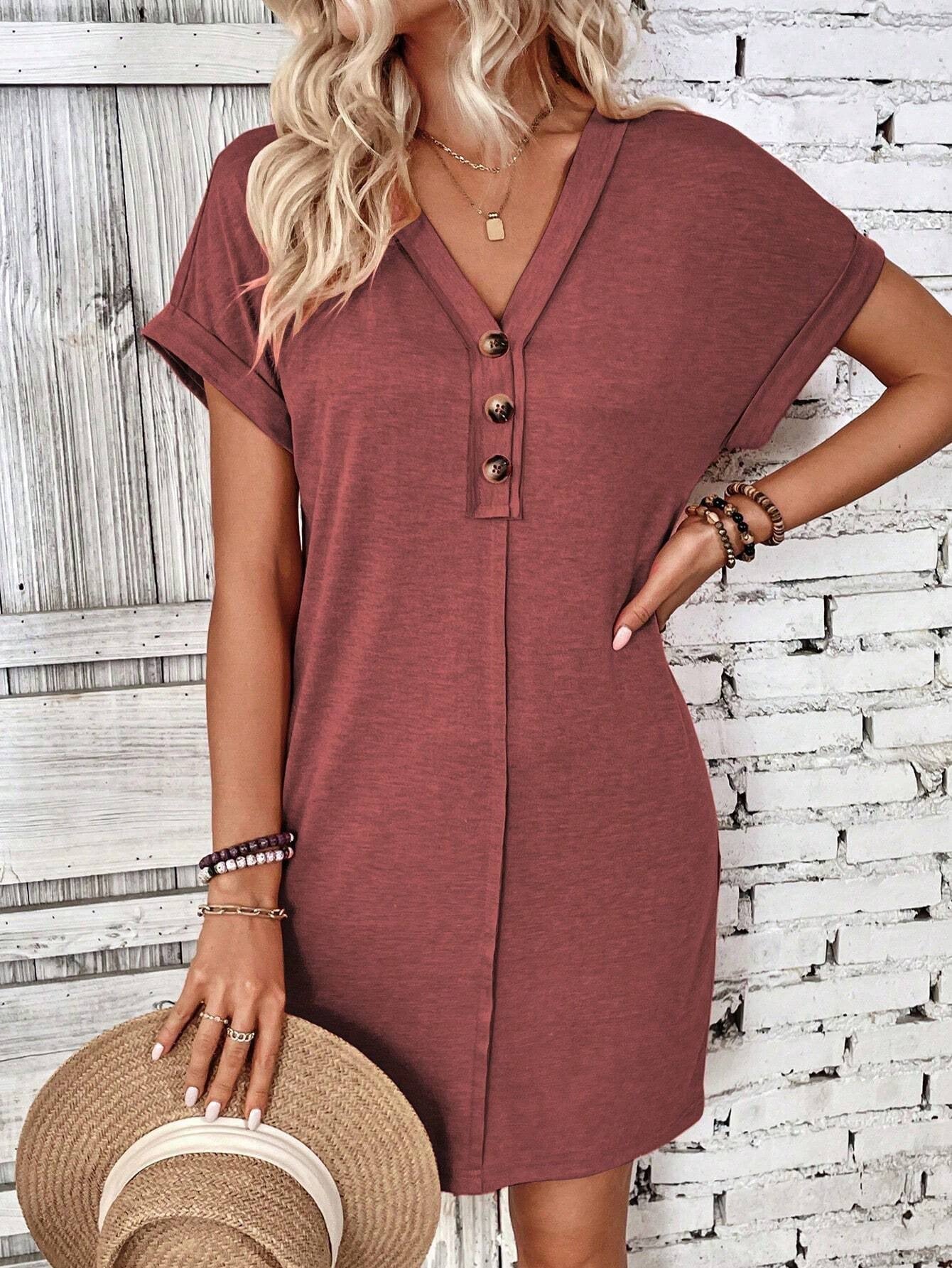Summer Women Clothing All Match Buckle V neck Shoulder Roll Sleeve Solid Color Dress