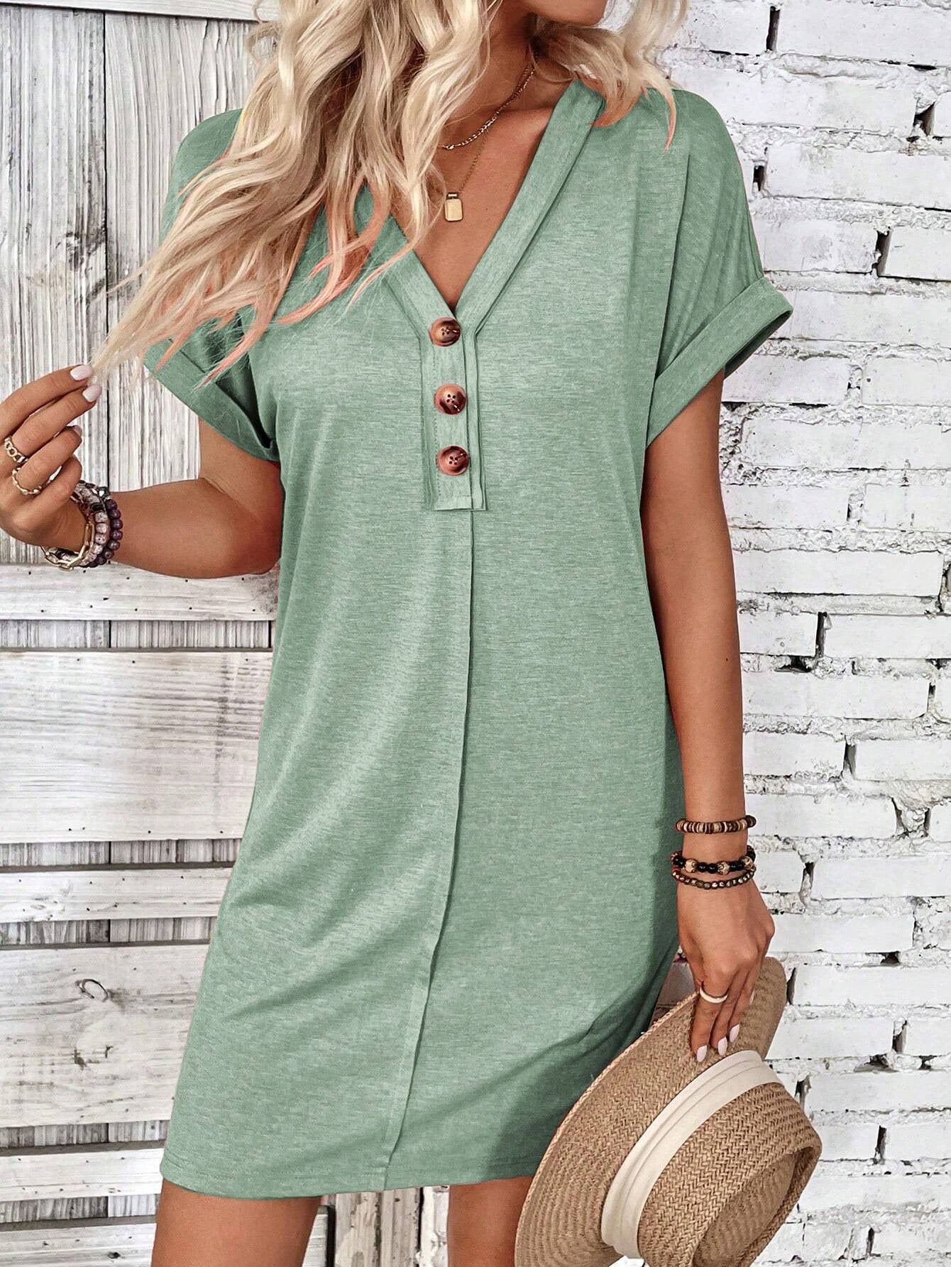 Summer Women Clothing All Match Buckle V neck Shoulder Roll Sleeve Solid Color Dress