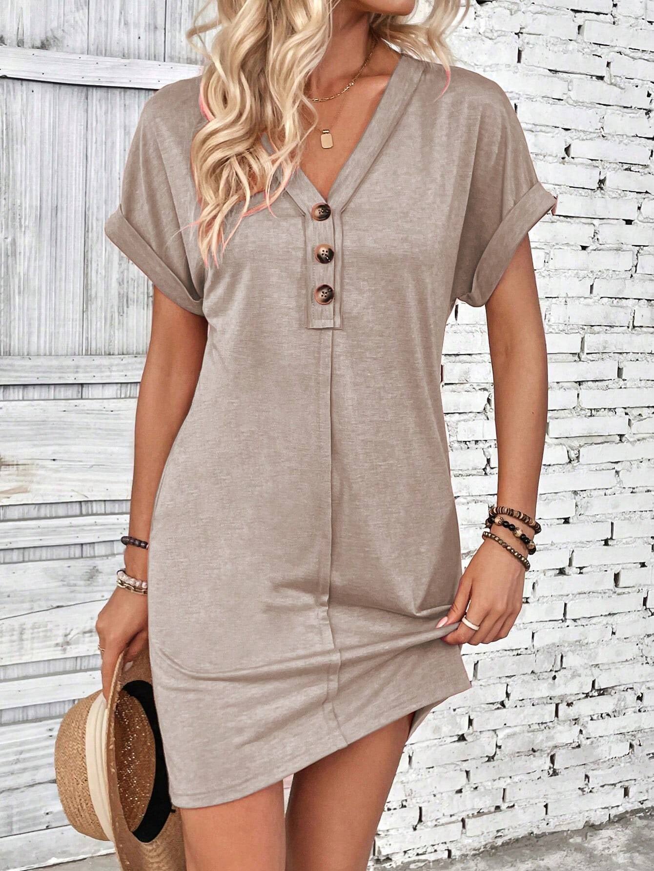 Summer Women Clothing All Match Buckle V neck Shoulder Roll Sleeve Solid Color Dress