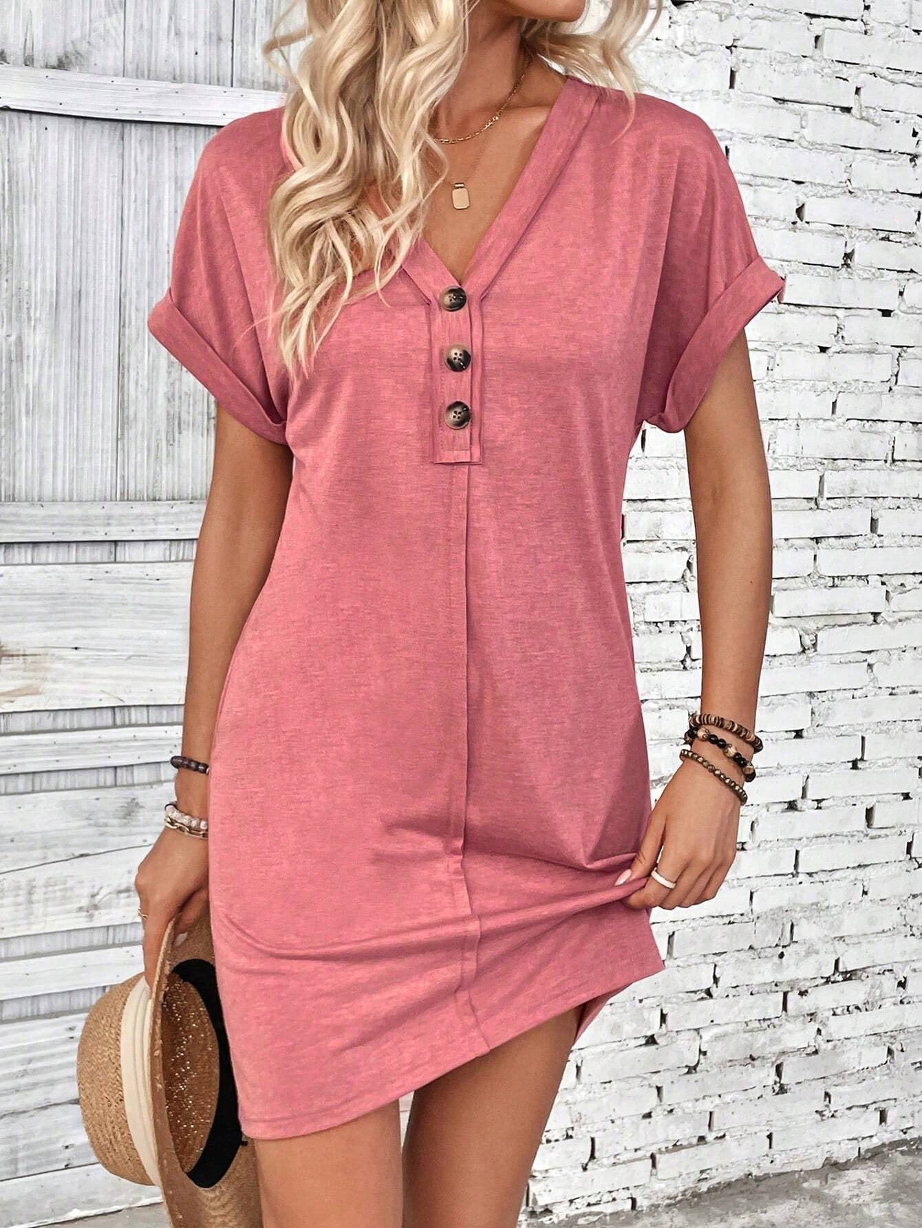 Summer Women Clothing All Match Buckle V neck Shoulder Roll Sleeve Solid Color Dress