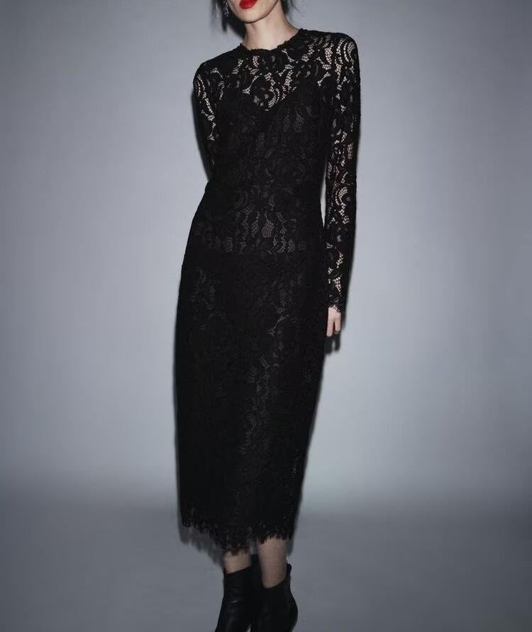 Autumn Women Clothing Fashionable Simple Black Lace Transparent Long Sleeve Dress