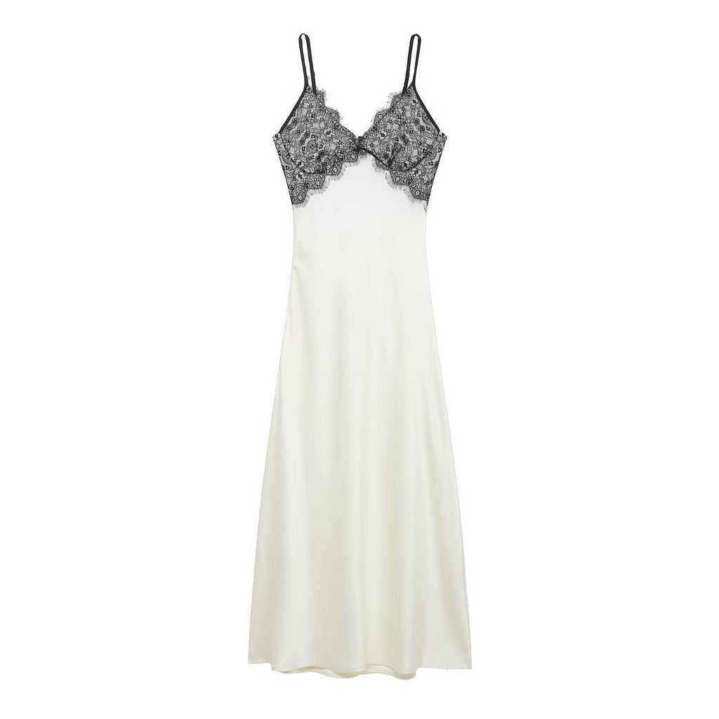 Women Clothing Fashionable V neck Lace Sense Backless Dress Midi Dress