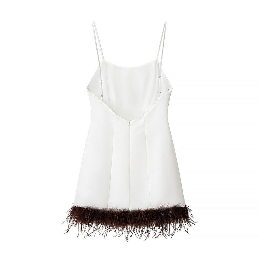 Women Clothing Summer Feather Silk Satin Texture Short Strap Dress