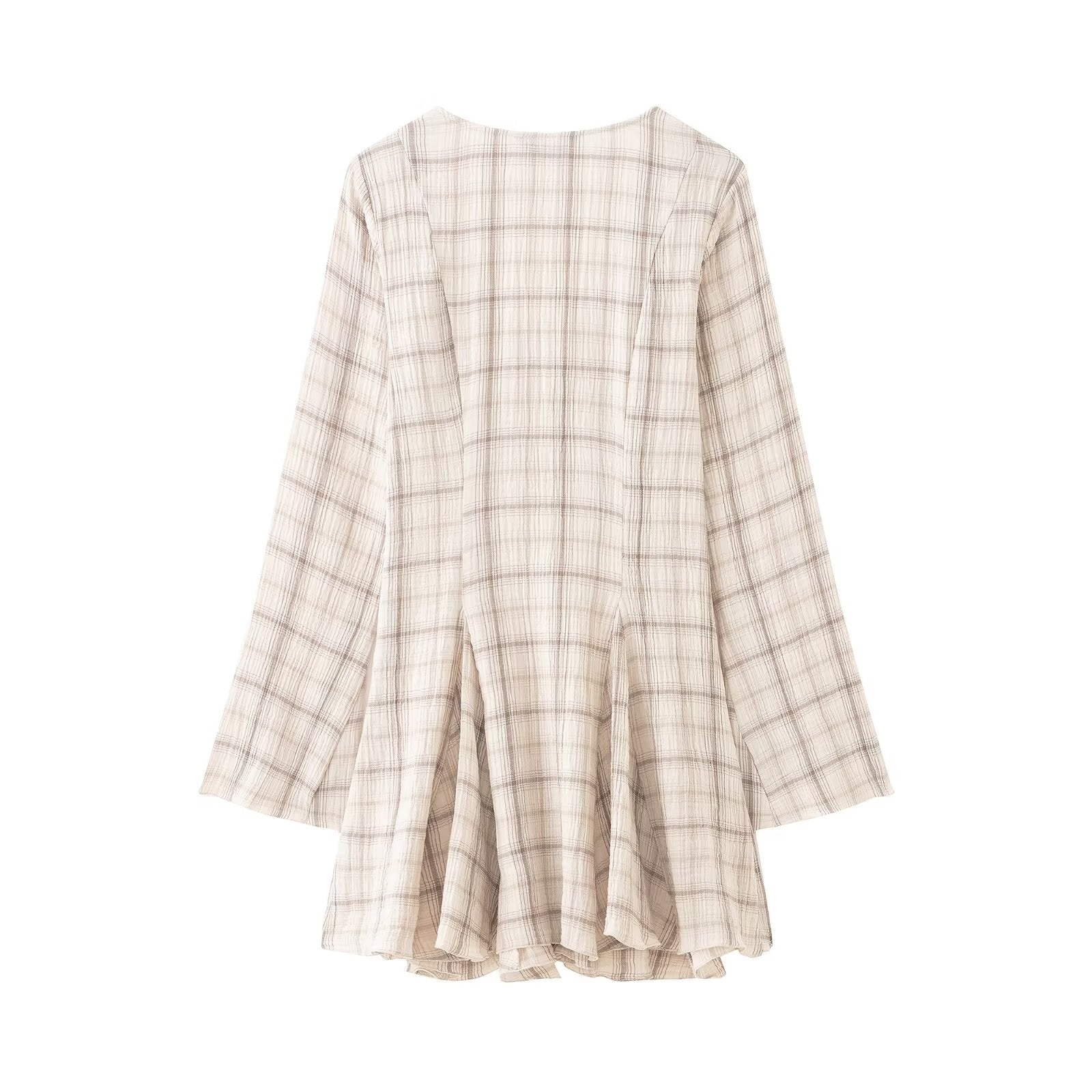 Women Clothing Western Long Sleeve V neck Plaid Short Dress