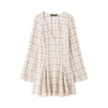 Women Clothing Western Long Sleeve V neck Plaid Short Dress