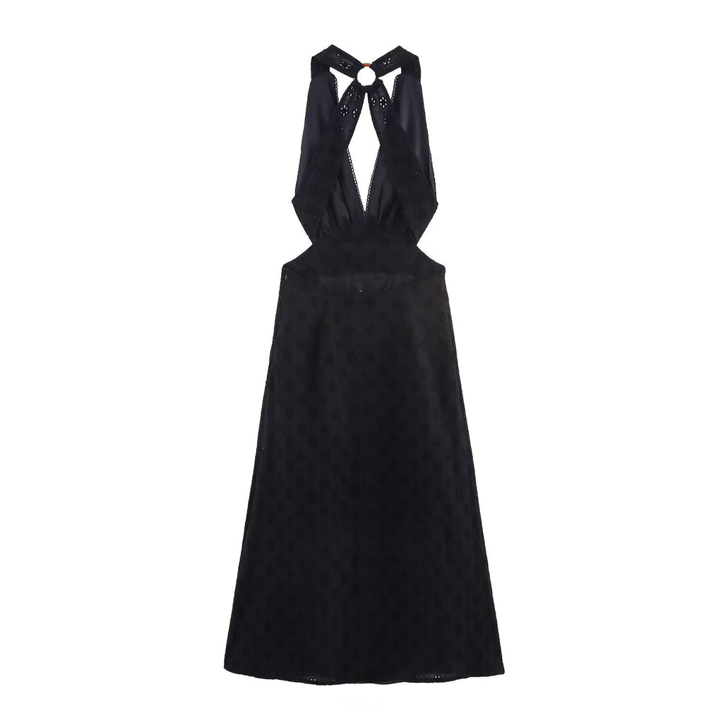 Women Clothing Summer French Hollow Out Cutout Embroidered Halter Sleeveless Dress