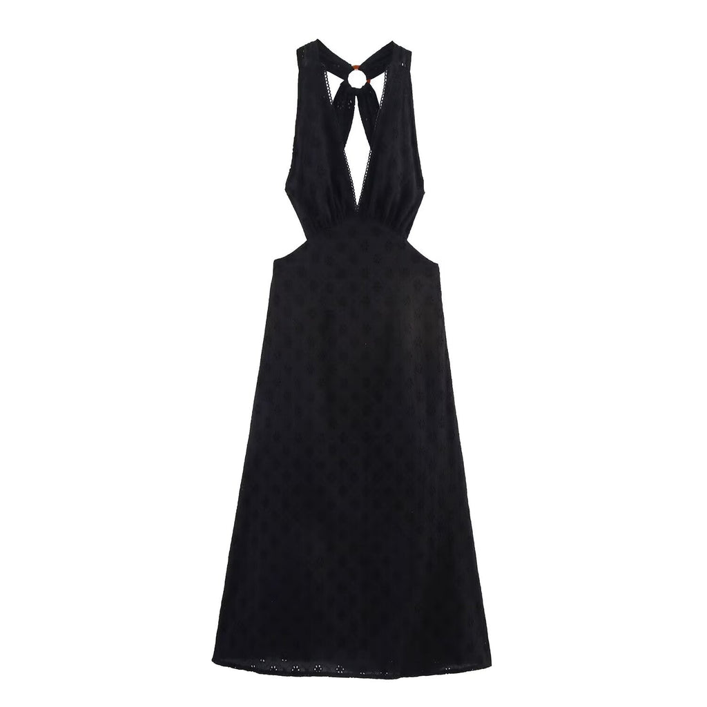 Women Clothing Summer French Hollow Out Cutout Embroidered Halter Sleeveless Dress