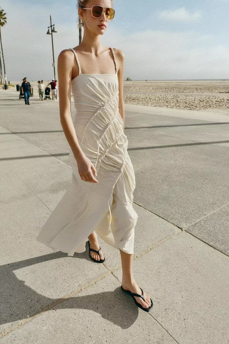 Women Clothing Summer Fashionable Asymmetric Pleated Suspender Maxi Dress