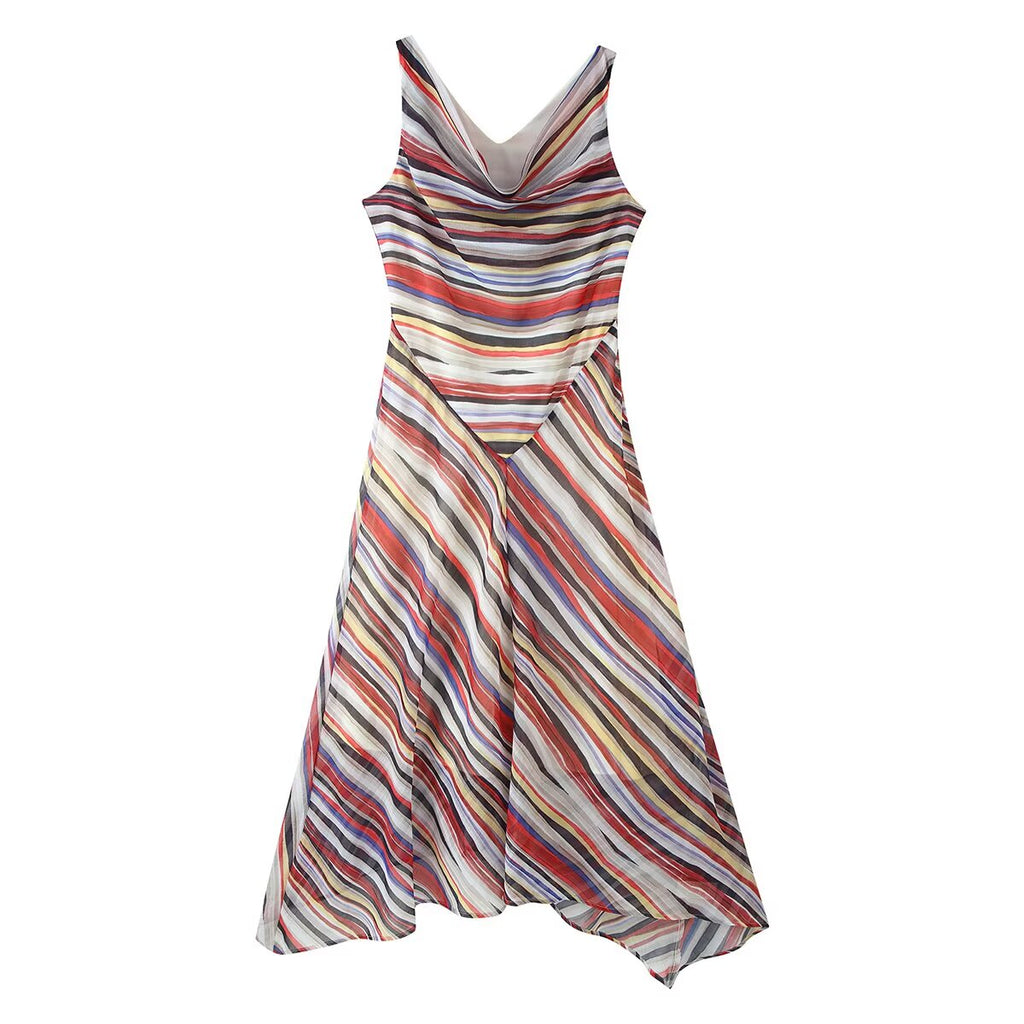 Women Clothing Fashionable Elegant Swing Collar Colorful Striped Sleeveless Dress
