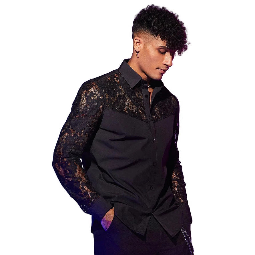 Men's New Lace-Patchwork Long-Sleeve Shirt Sexy Fashionable Statement Top