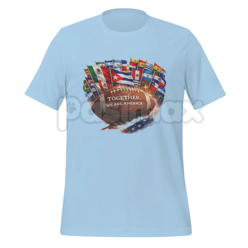 "Together We Are America" Football Graphic T-Shirt - Latino Heritage Sports Tee, Premium Heavyweight Valentine's Day Gift for Men, Vintage Unity Gridiron Shirt, Hispanic Pride Football Apparel, Made in USA Custom Graphic Top