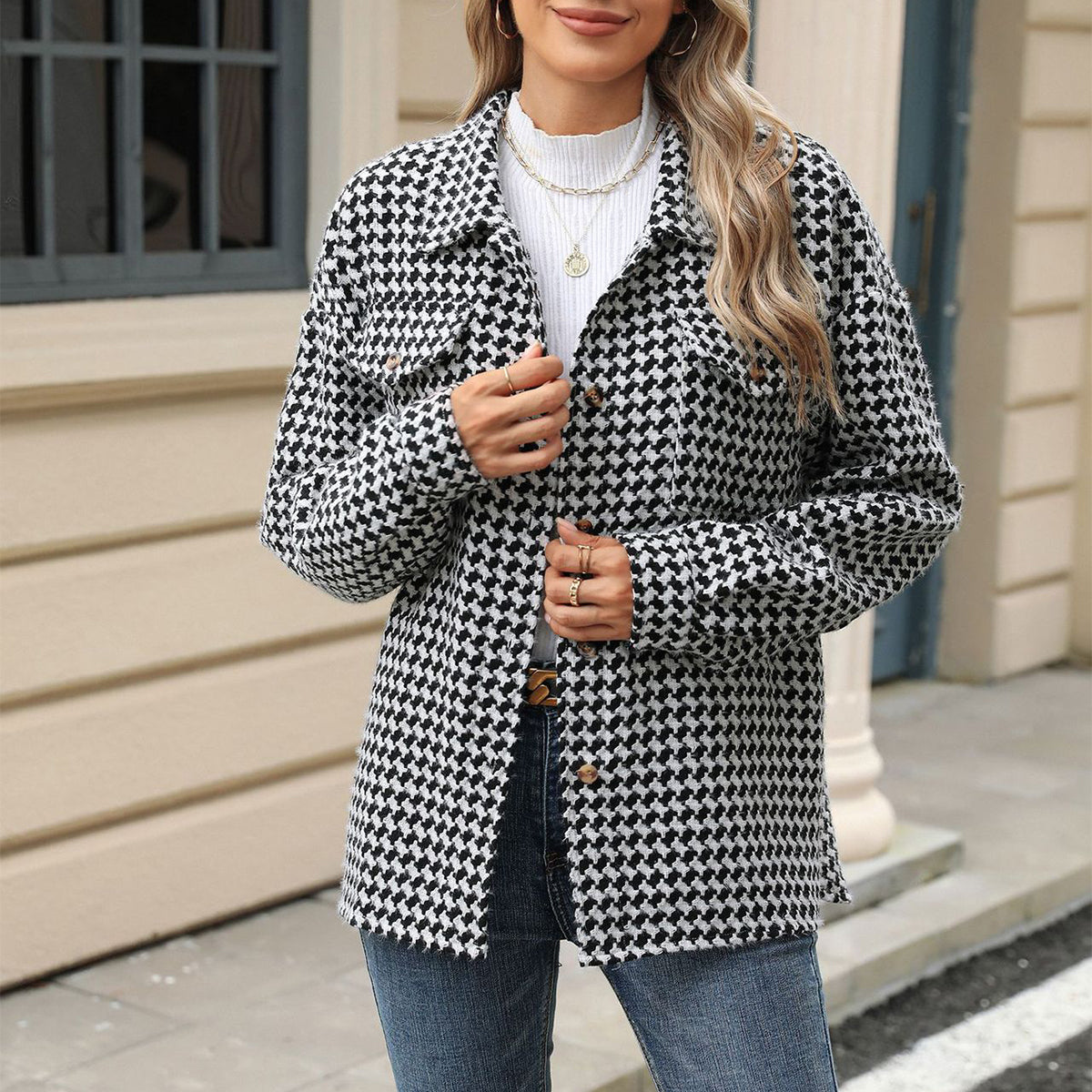 Fashion Houndstooth Lapel Tweed Coat Casual Loose Long Sleeve Jacket With Pocket Outwear Tops For Womens Clothing See size chart under “more details”
