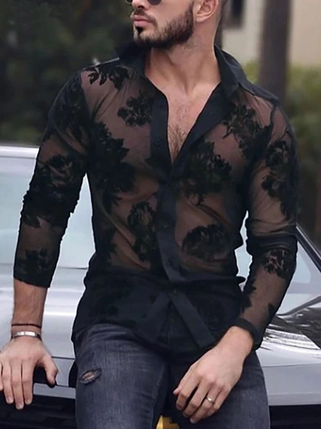 Men's Lace Button Down Long Sleeve Shirt