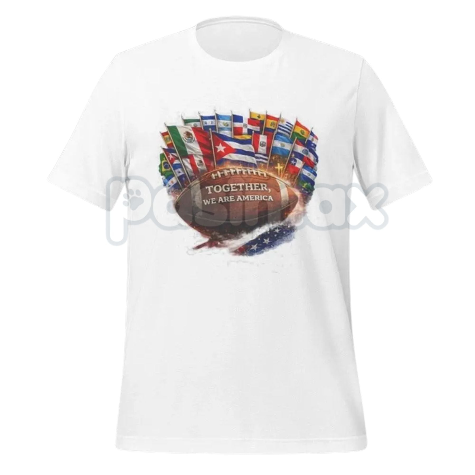 "Together We Are America" Football Graphic T-Shirt - Latino Heritage Sports Tee, Premium Heavyweight Valentine's Day Gift for Men, Vintage Unity Gridiron Shirt, Hispanic Pride Football Apparel, Made in USA Custom Graphic Top