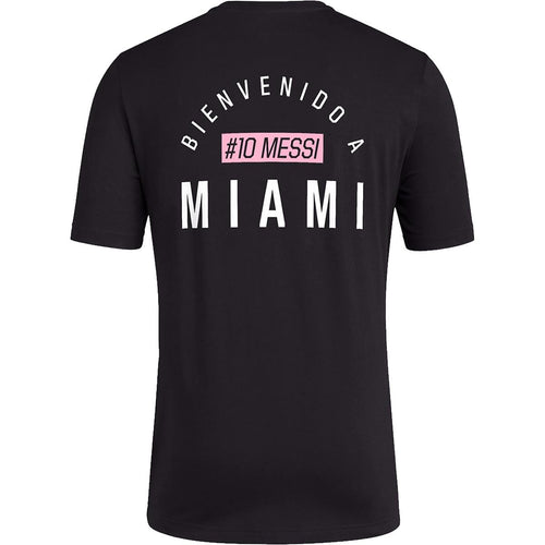 adidas Mens Soccer Messi X Miami Bienvenido a Miami Tee - Classic Relax Fit with Messi Graphic Logo and #10 Available in Black & White (Small Black)