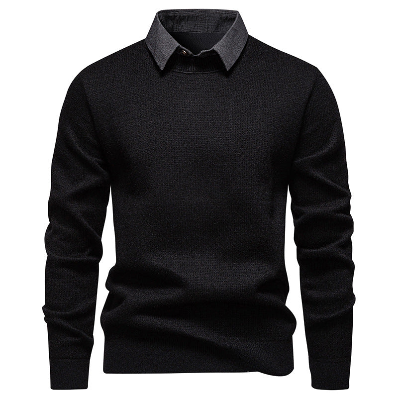 Mens Faux Two-piece Base-layer Knit Casual Shirt-collar Sweater