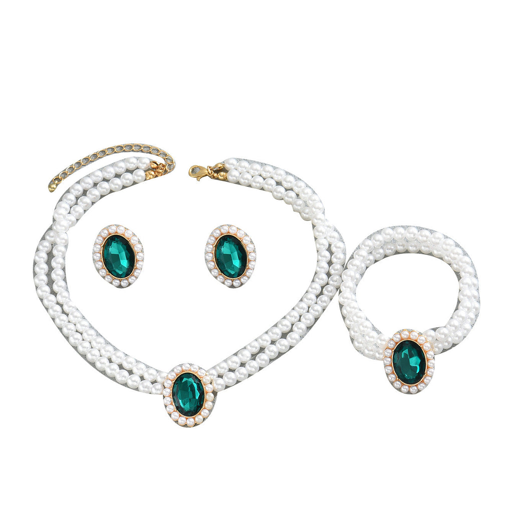 American Fashion Office Style Women 3Pcs Jewelry Set, Niche Bracelet Earrings & Clavicle Chain Inlaid Synthetic Emerald CZ And Faux Pearls, Elegant Daily Matching Accessories