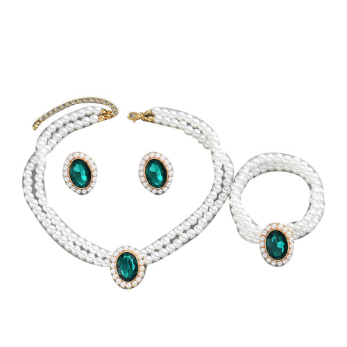 American Fashion Office Style Women 3Pcs Jewelry Set, Niche Bracelet Earrings & Clavicle Chain Inlaid Synthetic Emerald CZ And Faux Pearls, Elegant Daily Matching Accessories