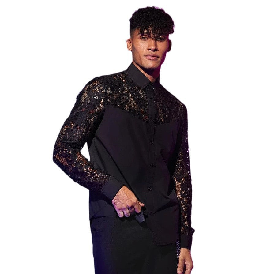 Men's New Lace-Patchwork Long-Sleeve Shirt Sexy Fashionable Statement Top