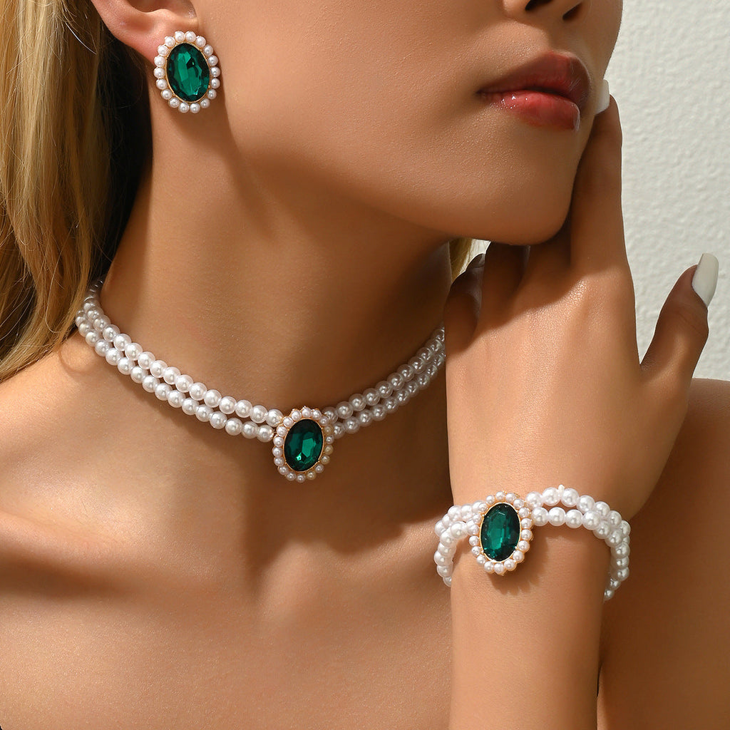 American Fashion Office Style Women 3Pcs Jewelry Set, Niche Bracelet Earrings & Clavicle Chain Inlaid Synthetic Emerald CZ And Faux Pearls, Elegant Daily Matching Accessories