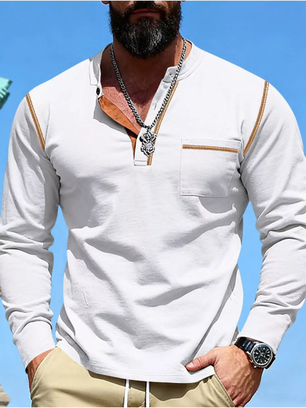 Men's Full Size Casual Long Sleeve Henley T-Shirt with Pocket Plus Size