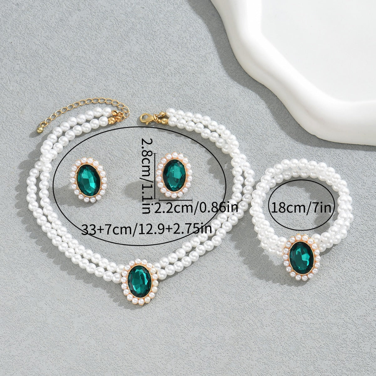 American Fashion Office Style Women 3Pcs Jewelry Set, Niche Bracelet Earrings & Clavicle Chain Inlaid Synthetic Emerald CZ And Faux Pearls, Elegant Daily Matching Accessories