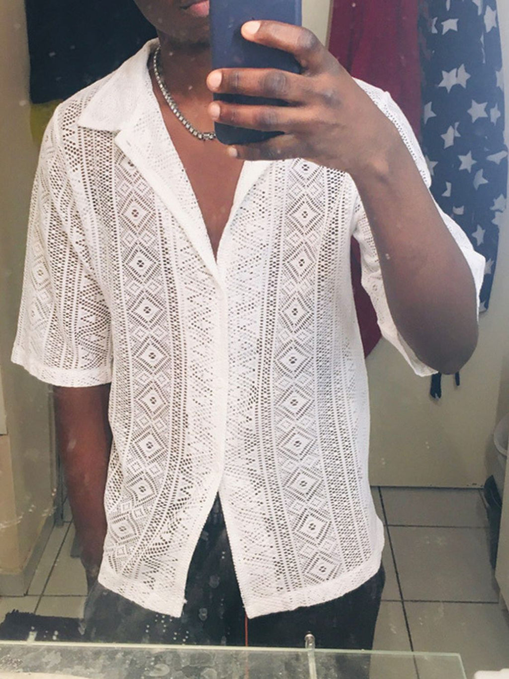 Men's Full Size Lace Half Sleeve Button Down Shirt Plus Size