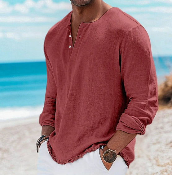 Fashionable Mens Casual Solid-Color Four-Button Long-Sleeve T-Shirt