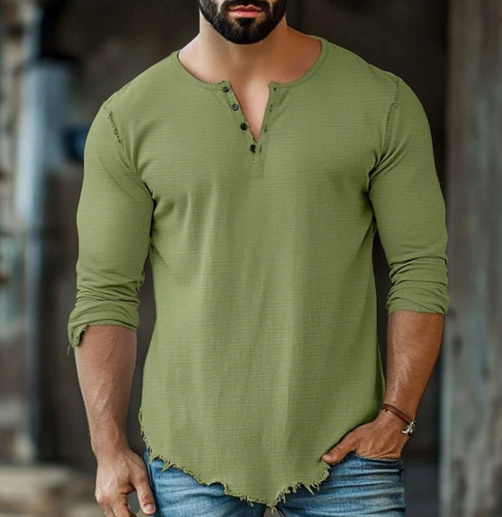 Fashionable Mens Casual Solid-Color Four-Button Long-Sleeve T-Shirt