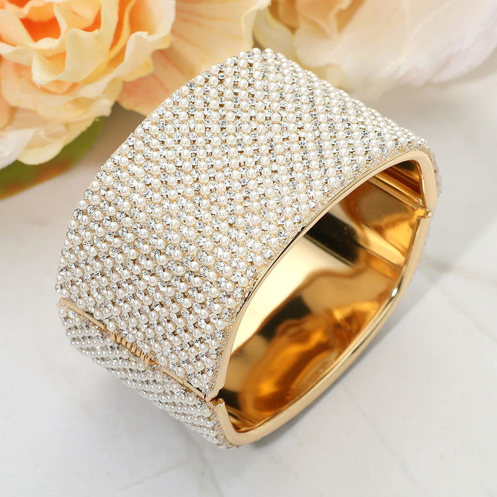 Women's Wide Pearl Paved Hinged Evening Bangle Bracelet
