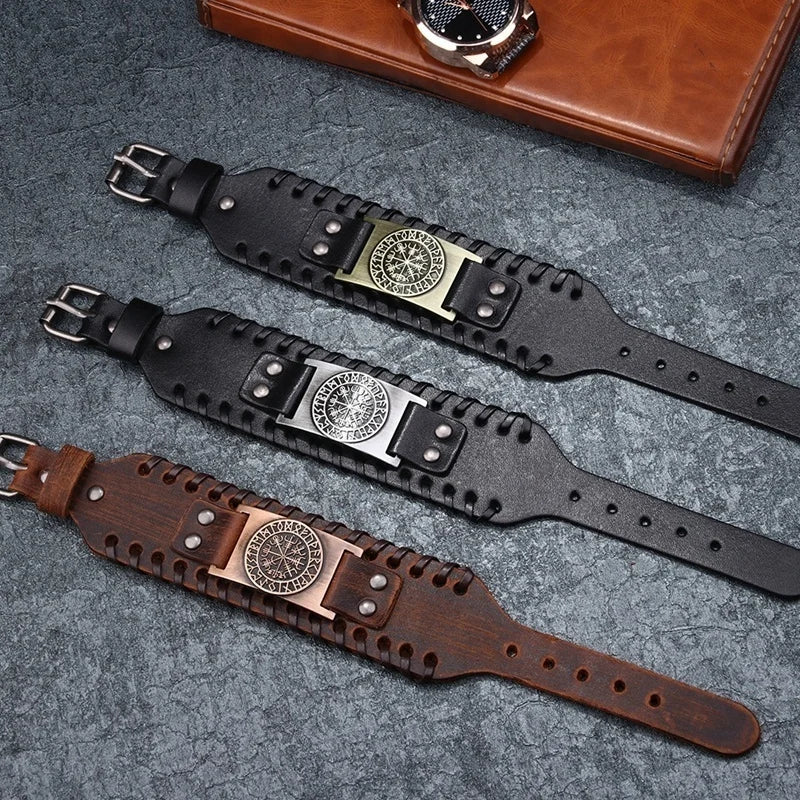 Totem Design Wide Leather Pirate Compass Bracelet Men's Bracelet Celtic Viking Jewelry Compass Bracelet Accessories Party Gifts