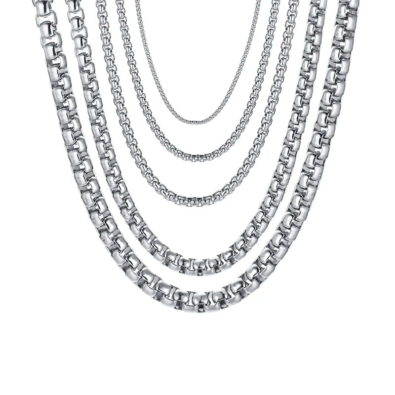 Round Box Chain Necklace for Men | Stainless Steel Link Chain in Gold, Silver, or Black