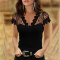 Casual V-neck Lace Short Sleeve T-shirt for Women  Clothes Sexy Solid Tee Shirt Office Lady Top