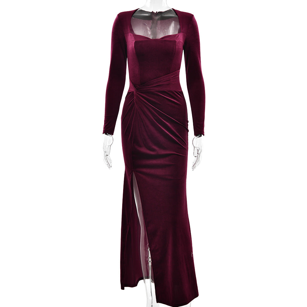 Women Clothing Sexy Slit Square Collar Dress Fashionable Elegant Velvet Pleated Dress