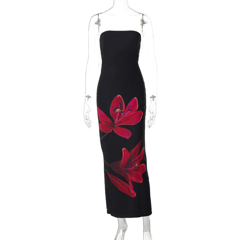 Women Clothing Summer Personalized Printed off Neck Tube Top Backless Tied Dress
