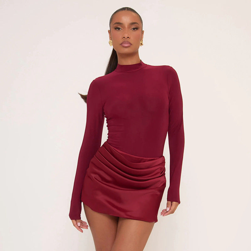 Women Clothing Autumn Winter Graceful Fashionable Half Turtleneck Tight Expensive Satin Pleated Dress