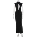 Women Clothing Black Fashionable Slim Fit Figure Flattering Stand Collar Chest Hollow Out Cutout out Mesh Stitching Mop Dress