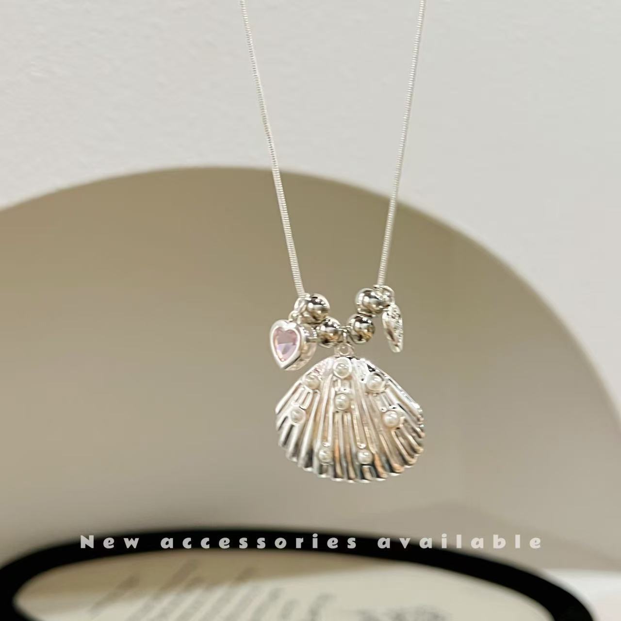 Women's Style Fashion Shell Love Pink Zirconium Broken Sier Niche Bow Necklace
