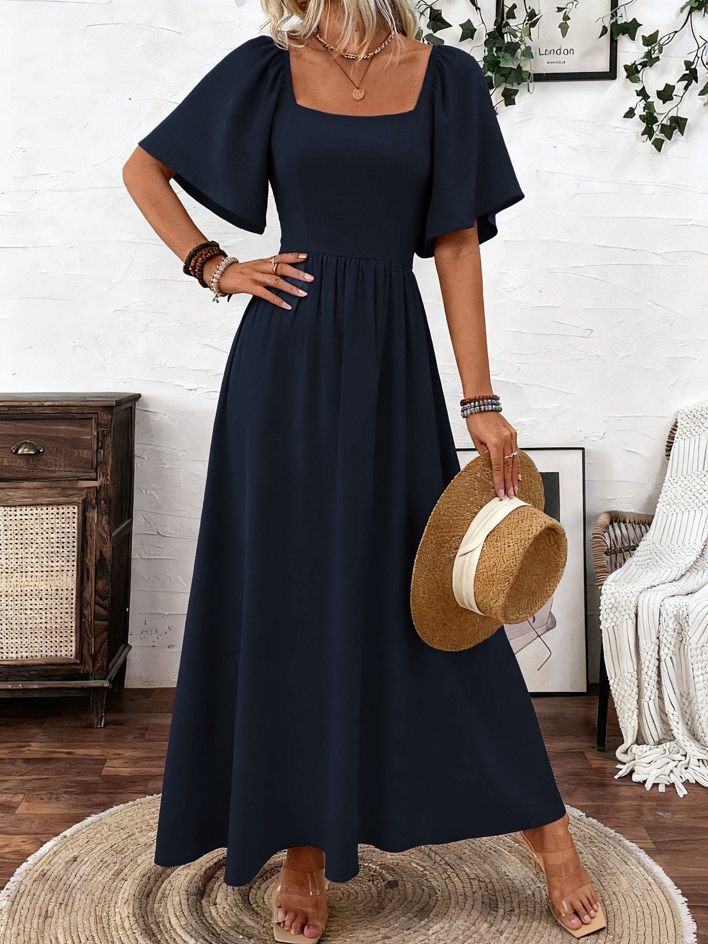 Ladies Spring Summer Bohemian Square Collar Fashion Elegant Generous Lotus Leaf Sleeve Women's Dress Dress